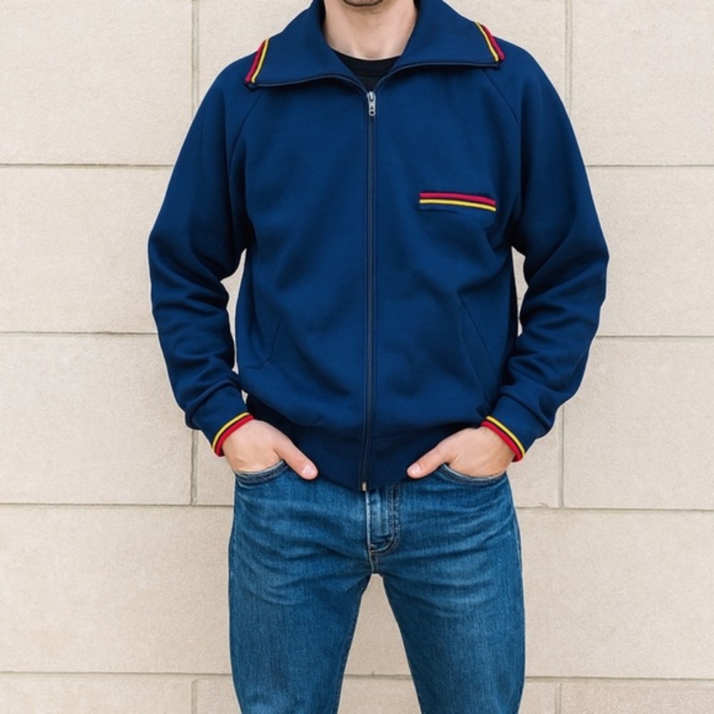 Vtg 70s West German Track Jacket NOS Helanca Nyltest Navy Blue Full Zip Size M